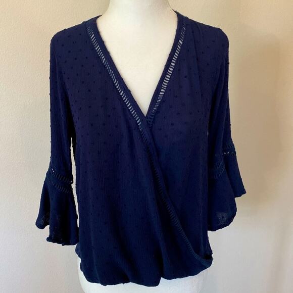 Staccato 3/4 sleeve navy blue blouse small flutter sleeves - Picture 1 of 7